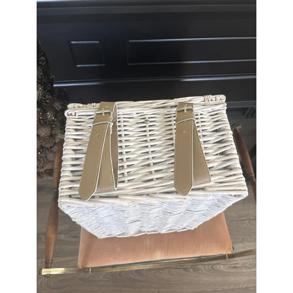 Vintage White Wicker Picnic Basket Set Insulated Cooler Red Gingham Lining